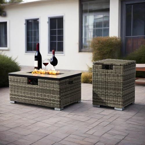Propane Fire Pit Table with Tank Cover Set, 50000 BTU Rectangular Outdoor Gas Fireplace, Steel Burner Patio Heating Centerpiece with Lid, Wicker Base, Rain Cover, Glass Rocks Included (Beige)