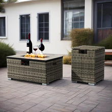 Propane Fire Pit Table with Tank Cover Set, 50000 BTU Rectangular Outdoor Gas Fireplace, Steel Burner Patio Heating Centerpiece with Lid, Wicker Base, Rain Cover, Glass Rocks Included (Beige)