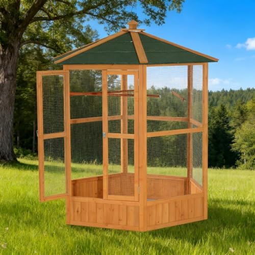 Modern Wooden 69" Extra-Large Birdcage, Hexagonal Bird Cage with 2 Extra-Large Doors, Indoor Outdoor Aviary Flight Roomy Birdhouse