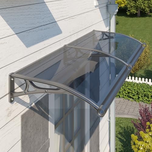 Door Awning Window Canopy with Drainage, 60x80 Inch Solid Polycarbonate Awnings for Outside, Porch, Patio, Deck, Sun Shade UV,Rain, and Snow Protection, Aluminum Alloy Bracket