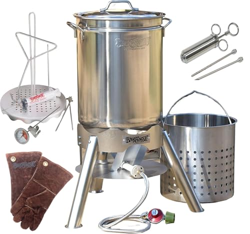Enterprises Turkey Deep Fryer Oversized 44 Quart Stainless Steel Big Bird Kit by Bayou Classic for Big 25 lbs Huge Turkeys Complete KIT TOP of The LINE