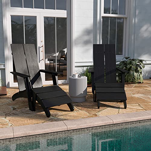 Taylor & Logan Brady Dual Slat Back Poly Resin Adirondack Chairs with Foot Rests Black