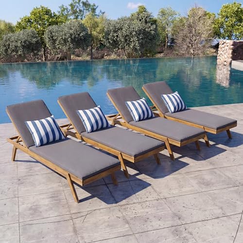 Merax Outdoor Chaise Lounge Set of 4, Adjustable Acacia Wood Patio Lounge Chairs with Water-Resistant Cushions, 5-Position Reclining Sun Loungers for Poolside, Deck, Backyard, Dark Gray