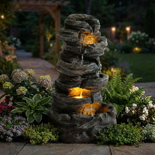 6-Tier Cascading Stone Water Fountain Outdoor Indoor Freestanding Resin Waterfall Feature with 3 LED Lights,Quiet Pump, Natural Rock Accent for Garden Patio Yard Deck Porch