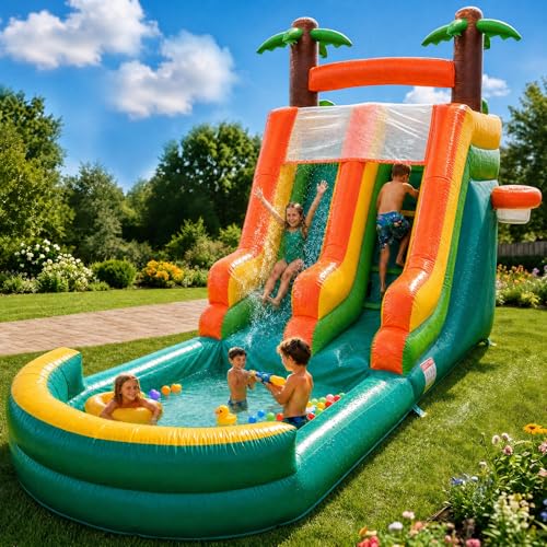 26ft Inflatable Water Slide with 1100W Blower, Inflatable Water with 10M Water Hose, Splash Pool, PVC Commercial Wet/Dry Inflatable Slide for Kids & Adults, Backyard Outdoor Summer Water Play(0.7MM)