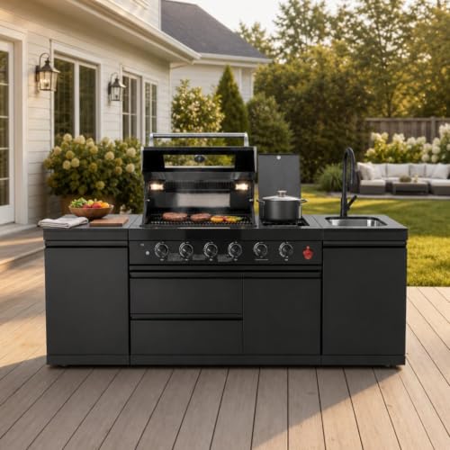 85" Modular Outdoor Kitchen Island,4-Burner 72,000 BTU Stainless Steel Propane Grill with Side Burner,Infrared Burner,Sink,Storage Cabinets,and Granite Countertop.Gas Grill for Backyard & Patio BBQ.