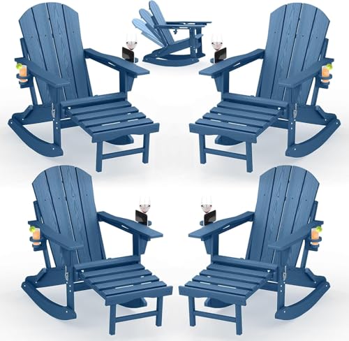Patio Kingdom 4-Pack Adirondack Rocking Chairs with Retractable Ottoman & Cup Holders, Folding HDPE Patio Rockers for Porch, Deck, Fire Pit, Poly Lumber Outdoor Chairs with Phone Slot, Navy Blue