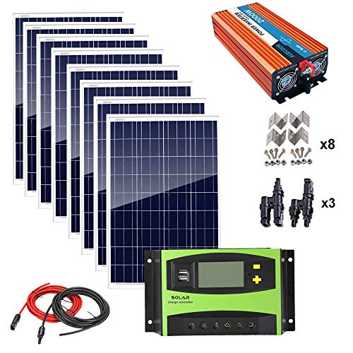 AUECOOR 800W Solar Panel Kit: 8pcs 100W Poly Panels + 2000W Off Grid Inverter + Solar Cable + LCD Solar Panel Controller + Z Mounting Brackets