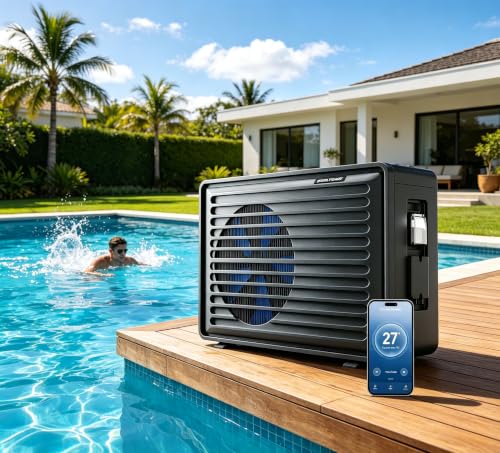 POOLTOHOT Pool Heater for Inground Pools and Above Ground Pool (28000 Gallons), 90000 BTU Electric Pool Heater Build-in Compressor for Heating and Cooling, Pool Heat Pump with Smart WiFi Control