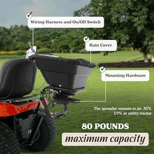 Field Tuff 12V Tow and Pull Behind Lawn Tractor Grass, Seed, and Fertilizer Spreader with 80 Pound Capacity, Weighs 16.5 Pounds