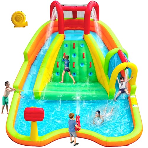 WELLFUNTIME Inflatable Water Double Slides Park, Bounce House with Arched Water Gun Spray, Jumping Castle with Air Blower