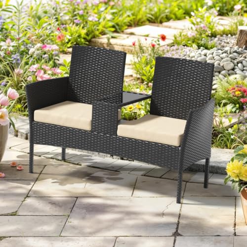 1 Pcs Outdoor Rattan Double Seat Loveseat with Solid Non-hollow Middle Side Table & Padded Cushions, Weather Resistant Outdoor Patio Furniture Set for Patio, Backyard, Garden, Porch(Beige-Black)