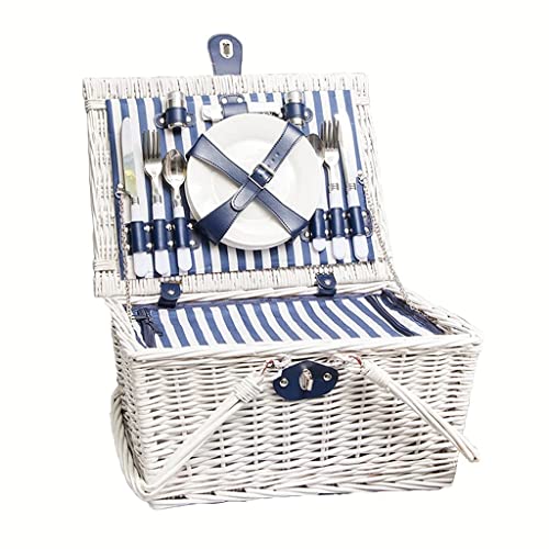 ZYBB Picnic Basket Wicker with Cutlery Insulation Bag Foldable Handles for 4 People 42x32x22cm(Color:White+Stripes)