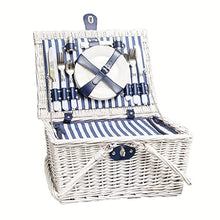 ZYBB Picnic Basket Wicker with Cutlery Insulation Bag Foldable Handles for 4 People 42x32x22cm(Color:White+Stripes)