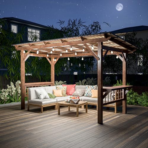 AMNOOI 13' x 6.5' Spacious Wooden Pergola Grill Gazebo with Metal Roof and Built-in Bulbs Brown