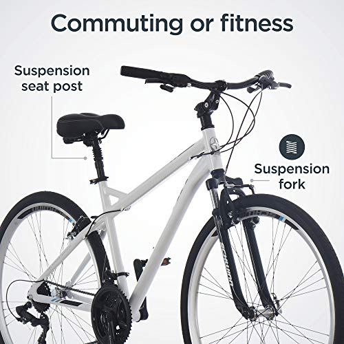 Schwinn Network 3.0 Hybrid Bike Men Women 700c 21-Speed 18-Inch Aluminum Frame Front Suspension Alloy Linear Pull Brakes White