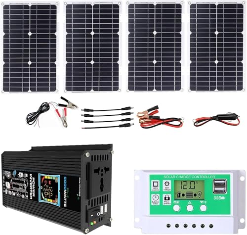 ZGHQHCDRH 6000W Off-Grid Solar Power Kit with 100W Waterproof Solar Panel & 50A Charge Controller for RVs, Boats, and Emergency(Black)
