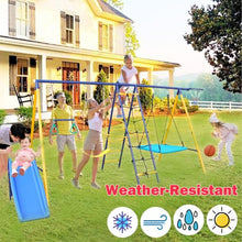 AOKUNG 7-in-1 Heavy-Duty Metal Swing Set with Slide & Climbing Net Blue