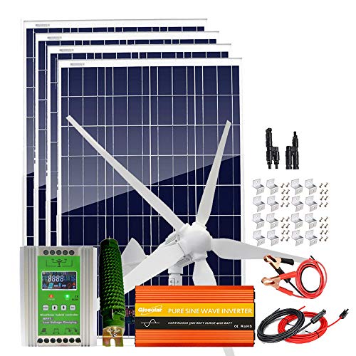 1400W Wind Solar Kit with 2000W Power Inverter for House Off Grid System：1000W 24V Wind Turbine Generator + 4pcs 100W Poly Solar Panel + Hybrid MPPT Charge Controller + Accessory