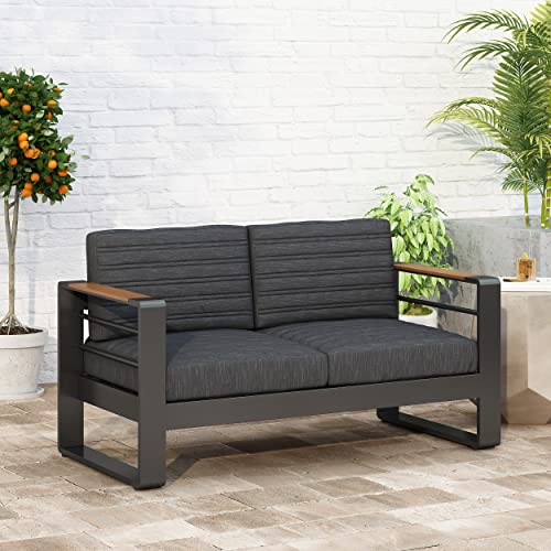 roomfitters Modern 2-Seater Outdoor Loveseat with Sturdy Aluminum Frame and Plush Comfortable Cushions, Perfect for Patio and Garden Seating, Black