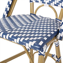 Set of 2 French Bistro Bar Stools, Blue White Hand Woven PE Rattan Counter Height Bar Chairs, Lightweight Aluminum Frame Barstool with Back & Footrest for Patio Kitchen Island Home Bar Indoor Outdoor