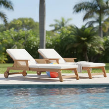 Merax 2-Pieces Retro Acacia Wood Outdoor Chaise Lounge with Wheels & 3-Position Adjustable Backrest, Vintage Wicker Sun Lounger with Plush Removable Cushion for Patio, Garden & Poolside, Acacia Wood
