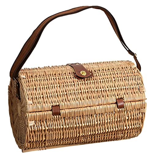 Storage Baskets,Large Rattan Crossbody Picnic Basket Handmade Wicker Weave Camping Trip Lunch Baskets Food Storage Cylindrical Basket Outing