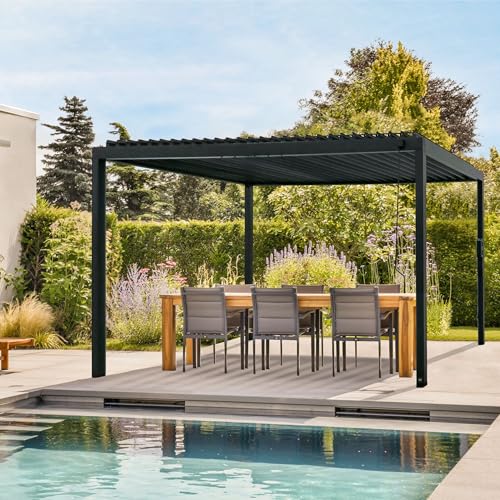 Backyard Discovery Sarasota 16' x 10' Galvanized Steel Louvered Pergola Kit with Adjustable Roof, Shade, Rain Protection, High-Wind Rating, Gutter System for Outdoor Patio, Garden, Deck, Entertaining