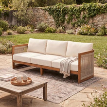 Christopher Knight Home Yunara Acacia Wood 3 Seater Outdoor Sofa with Woven Rope Accents, Patio Sofa Couch with Removable Cushions for Patio Furniture Set, Curved Tub Design, Teak + Beige
