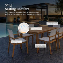 POVL Outdoor Menlo 7-Piece Teak Hardwood Patio Dining Set for 6 — 63" x 35.5” Compact Rectangular Grade A Teak Table, 2 Stacking Armchairs & 4 Stacking Side Chairs - for Small Patios & Decks (White)