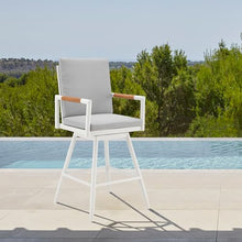 Armen Living Crown Outdoor Patio Swivel Counter Stool in White Aluminum with Wood Accent and Light Gray Cushions