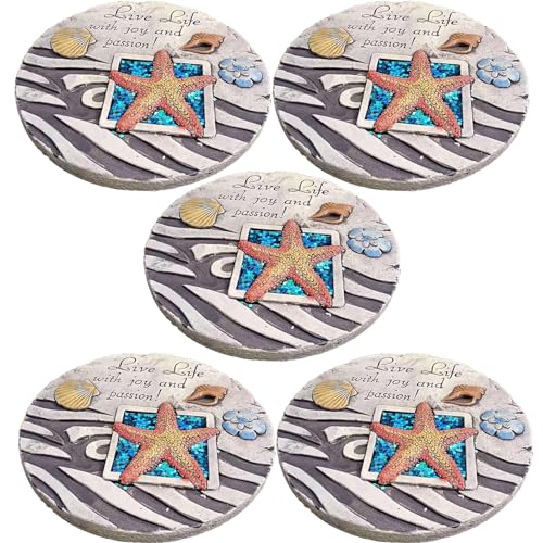 Elitix Stepping Stone Outdoor Step Decorative Stones Beach Themed, Colorful Stepping Stone for Walkway Yard Terrace Patio, Round Ornaments Stone for Pathway Pavers(Color:Beach Style A,Size:5-pcs)