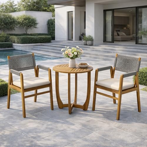 Merax 3-Piece Acacia Wood Outdoor Bistro Set for 2, Grey Rope Back Chairs with Cushions & Slat Top Table, Patio Bistro Table and Chairs Set Dining Set, Teak