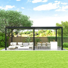 Powder-Coated Aluminum Pergola with 73 MPH Wind Resistance and Smart Drainage for Backyard Dining, Louvered Shade Shelter with Hand Crank Sun Control for Garden BBQ (10 x 19 FT+ Steel Louvers)