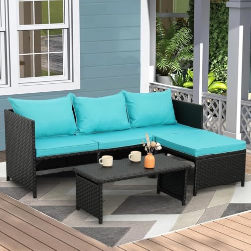 KswyyuwxgqI 3-Piece Outdoor PE Rattan Patio Furniture Set with Black Wicker Sectional Loveseat Sofa and Cushions, Conversation Couch for Garden, Balcony or Porch(Green)