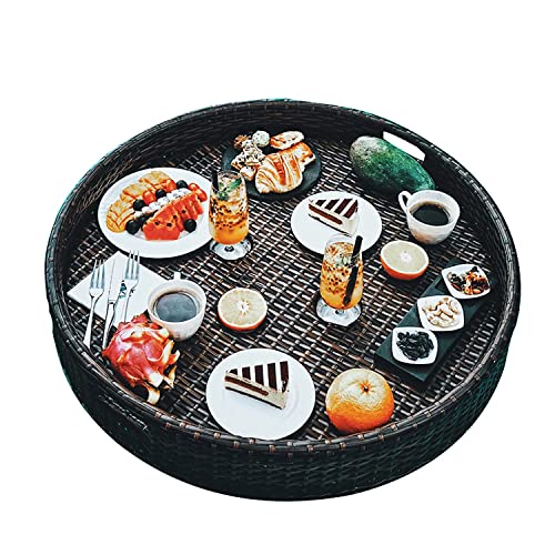 Portable Round Woven Serving Tray, Floating Breakfast Tray w/Side Handles, Swimming Pool Float Plate, for Sandbars Spas Parties,White