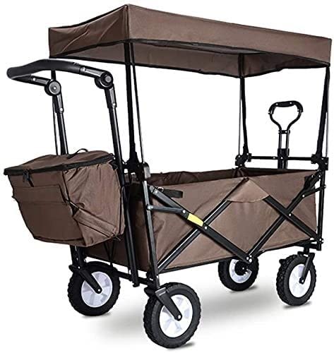Outdoor Folding Utility Wagon Foldable Beach Transport Cart Outdoor Camping Trolley with Covered and Storage Basket Strong and Sturdy Load-Bearing 80kg / 176lbs (Color : Brown)