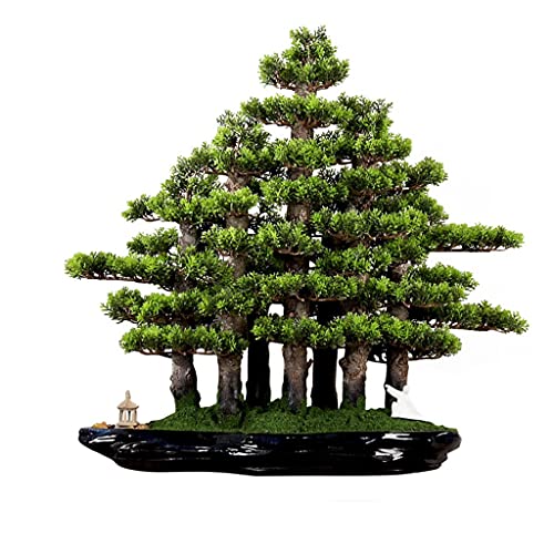 Fake Plants Artificial Tree Bonsai Realistic Cypress and Moss Small Pavilion and Ceramic Villain Chinese Bonsai Indoor Office Decoration Bonsai Bonsai Tree