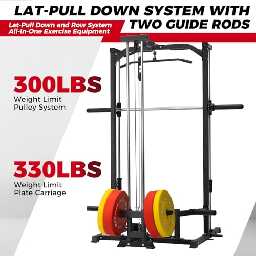 RitFit Smith Machine Power Rack with LAT-Pull Down System, Landmine, Barbell Bar, Plate Storage Pegs Black