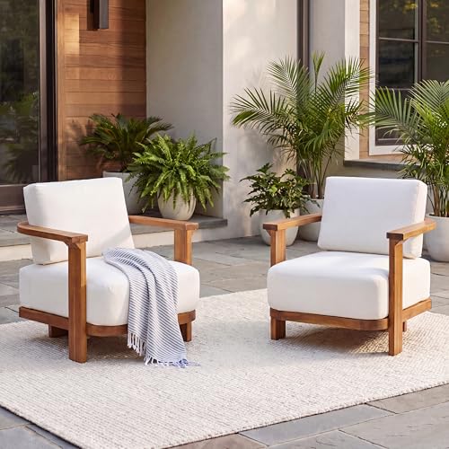 Christopher Knight Home Logan Outdoor Accent Chair Set of 2, Acacia Wood Club Chairs, Modern Armchair with Thick Cushions, Lounge Chair Outdoor with Slat Open Back, Outdoor Reading Chairs, Beige+Teak