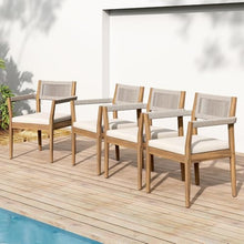 callmego Natural Acacia Wood Outdoor Dining Chair – Rustic Teak-Look Patio Seating with Woven Rope Backrest and Weather-Resistant Finish (Cream + Teak+ Beige + Acacia Wood + Fabric + Rope-1)