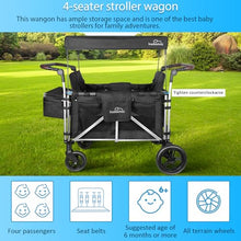 Badovinci Folding Stroller Wagon for 4 Kids with 5-Point Harness and Adjustable Canopy Black