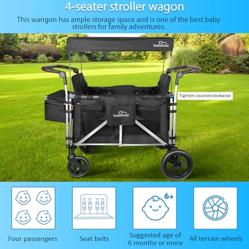 Badovinci Folding Stroller Wagon for 4 Kids with 5-Point Harness and Adjustable Canopy Black