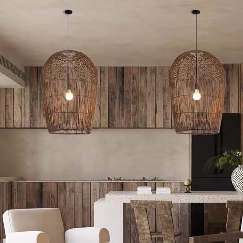 zhongheng 1 Pack Rustic Farmhouse Rattan Pendant Light, Large Dome Hand Woven Ceiling Mounted Rattan Chandelier,Coastal Beach Ceiling Hanging Light for Kitchen,Dining Room(15.7inch)