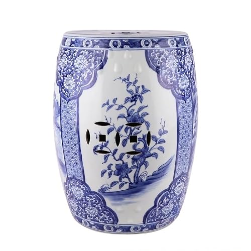 LINKIO Garden Stool Ceramic Garden Stool, Hand-Painted Blue and White, Floral Bird Design, Decorative Accent Table Ottomans(A)