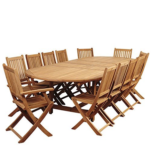 International Home Miami SC DIANDLX-10YOG-2YOGARM Amazonia Highland Park 13 Piece Teak Double-Extendable Oval Dining Set