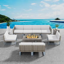 SUNPEAK Outdoor Patio Furniture Set with Sectional Couch and Fire Pit Table Light Brown Wicker 9 pcs