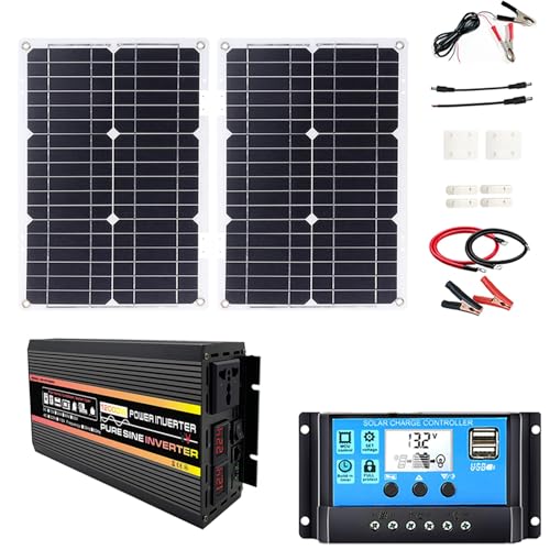 OLONETO Solar Power System 36W Folding Solar Panel with Four USB Chargers + 12000W Pure Sine Wave Power Inverter with Dual LED Display DC12V-AC220V+ 30A Solar Charge Controller Solar System Kit