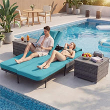 NICESOUL 3-Piece Double Chaise Lounge Set, 51.2" Wide 2-Person Daybed with 2 Wicker Side Tables, Independent Adjustable Backrests, 4" Thick Cushions, Heavy Duty Sunbed for Patio Pool Garden