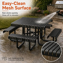 46" Square Outdoor Picnic Table with Slotted Steel Tabletop & Benches, Carbon Steel Construction, 80" Overall Length, Durable & Easy to Clean, Ideal for Backyard, Patio, Family Barbecues, Black
